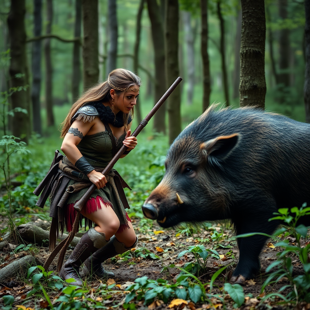 Real-life photography: In the forest, a female barbarian encounters a wild boar.