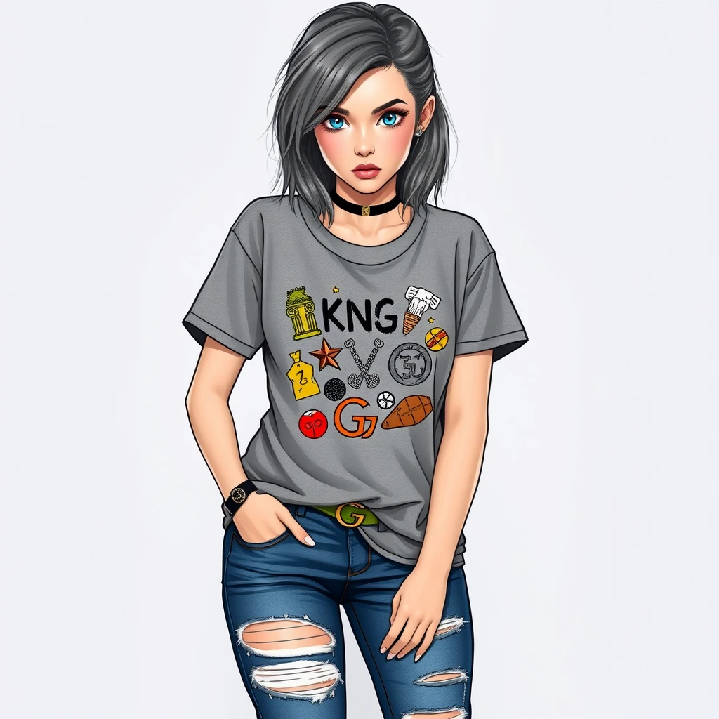 A teenage woman in a grey t-shirt with random symbols of luxury, torn jeans, and Gucci sneakers. Appearance: cool gray hair and large blue eyes, arrogant look. - Image