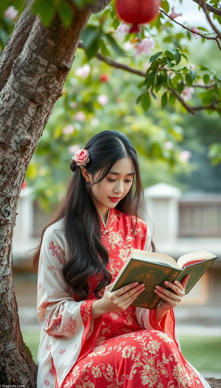 A Chinese beauty is reading a book under a tree.