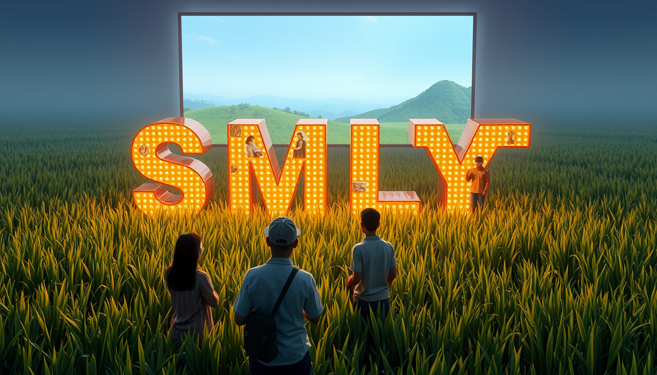 Pixel art style: People of different ages stand in a rice paddy facing a floating screen. The rice plants glow, creating a pixelated "SMLYT" when viewed from above. The 3D letters are constructed from oversized, glowing voxels (3D pixels). Each voxel seems to contain a miniature scene from Vietnamese life, visible upon close inspection. The voxels constantly rearrange themselves, causing the letters to shift and transform.