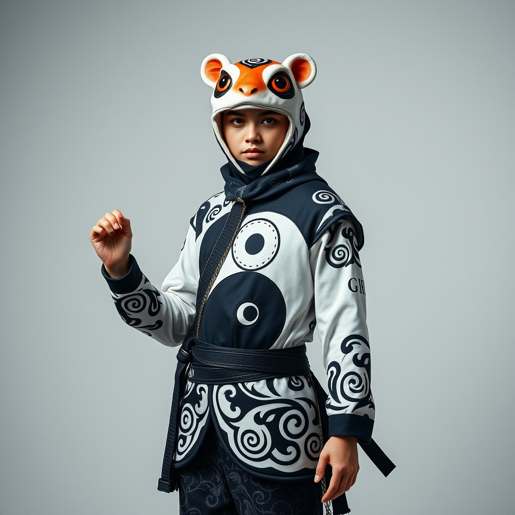 Photorealistic fashion full body portrait TOAD made out of 3D optical illusion yin yang maze haute couture street wear, kawaii ninja in folk costume in a fashion magazine.