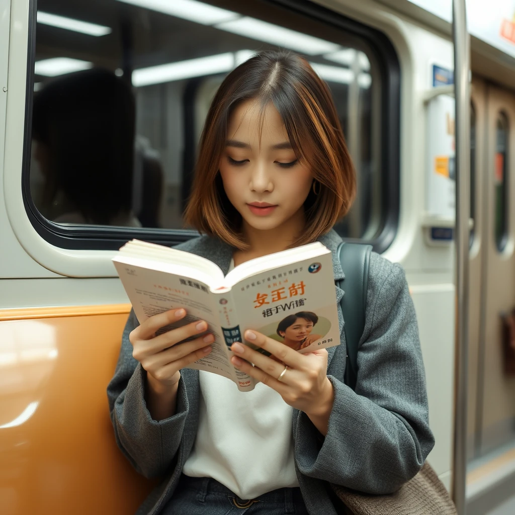 A Japanese woman is reading a book on the subway. - Image