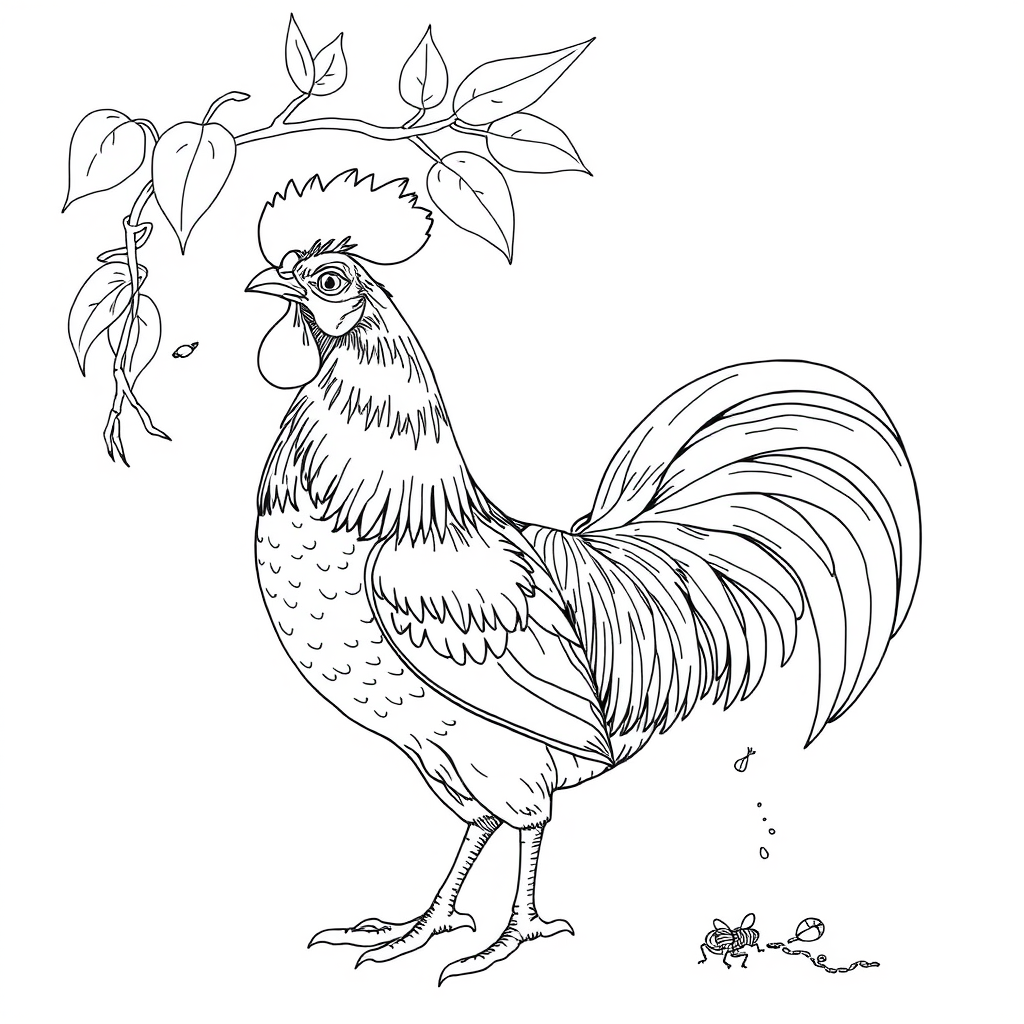 "Line drawing of a rooster, with realistic details, under a plant, catching insects." - Image