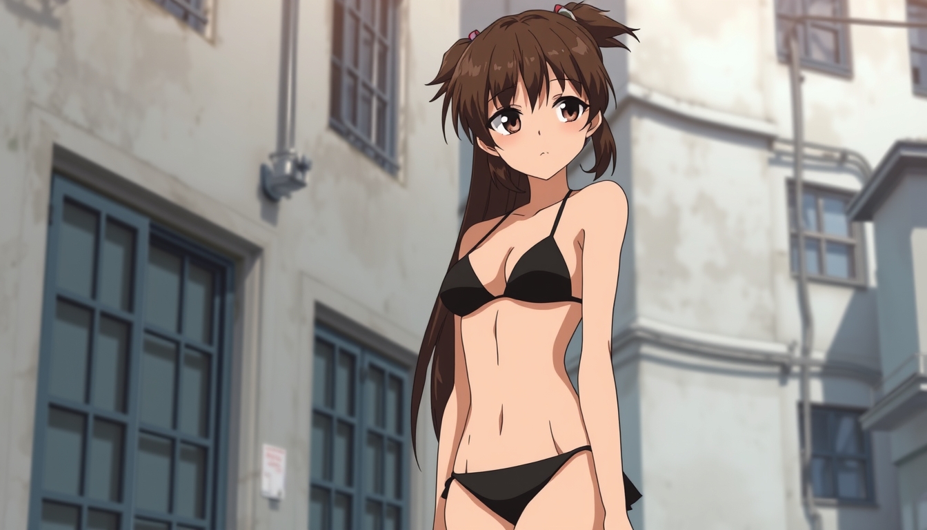 Anime style, tied hair brunette wearing a black bikini, 1949, old building. - Image