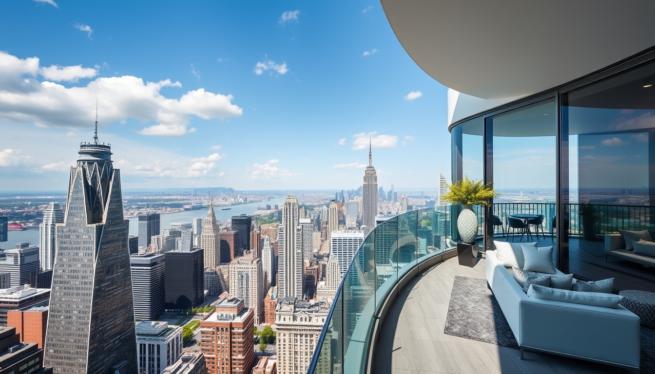 A luxurious glass-walled penthouse apartment overlooking a bustling city.