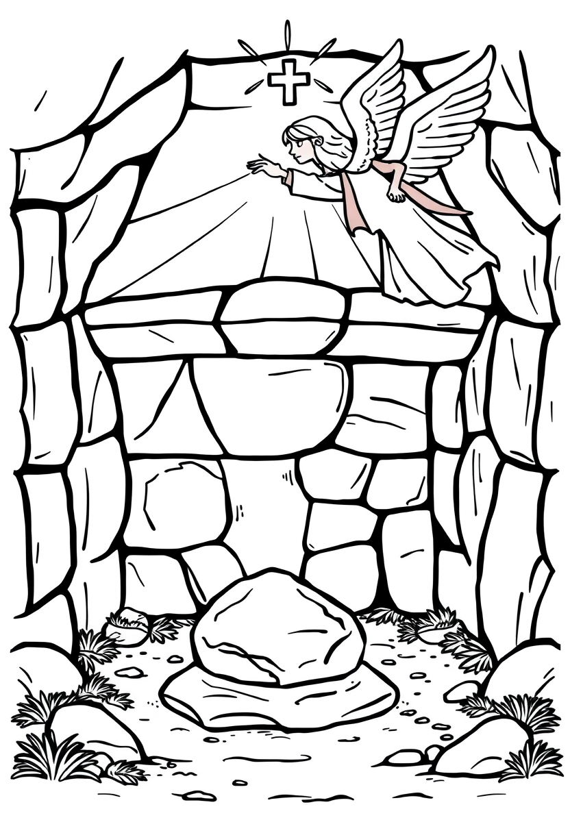 Create an image of the empty tomb with the stone rolled away, and an angel announcing the resurrection of Jesus. A coloring book page, cartoon style, thick lines, low details, no shading.