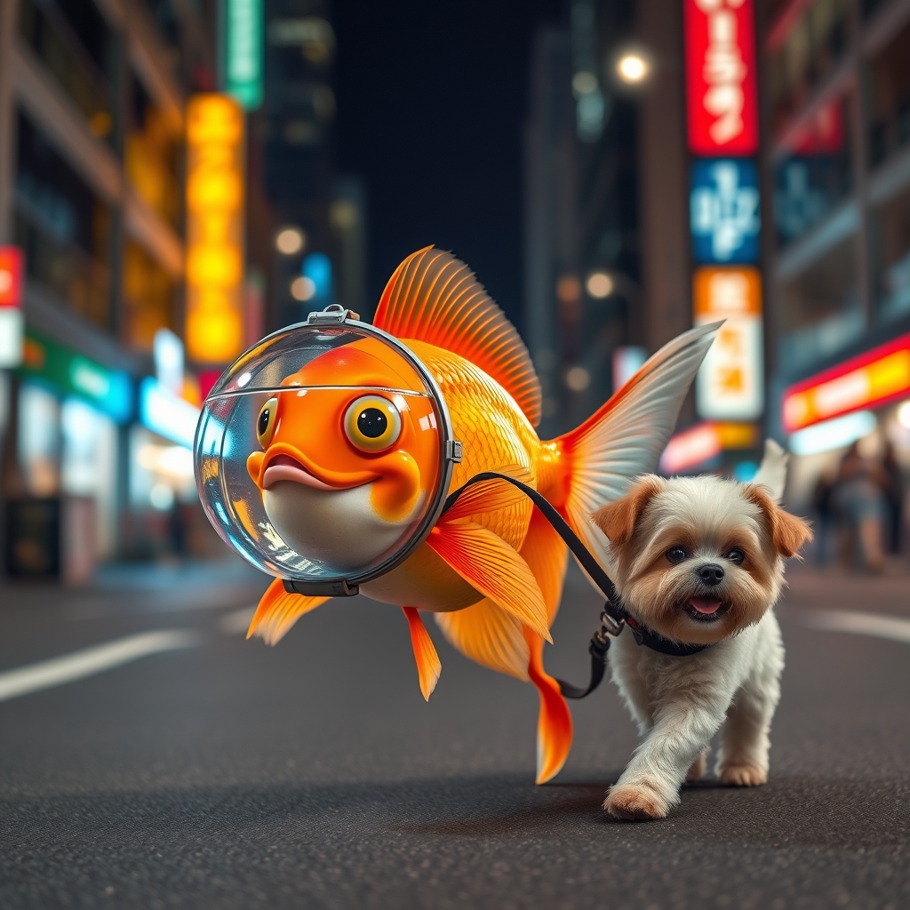 A cute, happy goldfish wearing a fish bowl as a breathing mask (half filled with water) is walking a cute dog on a leash in the streets at night, with colorful city lights, happily laughing, mouth open, cute face, walking on fins (no legs), fluffy dog in front, silly walk, ultra-realistic, realism.