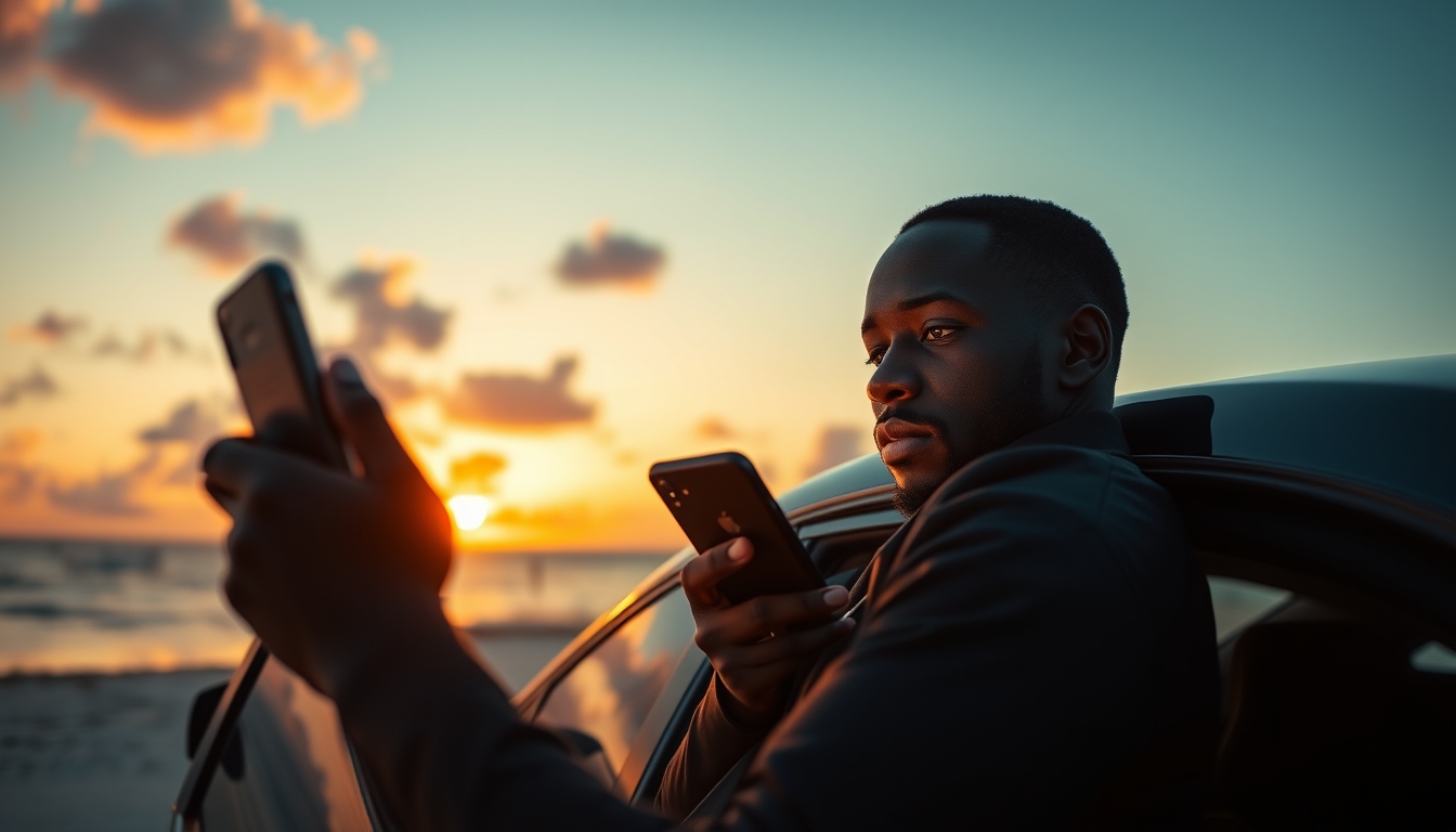 A young black man leaning against his car at sunset in the Bahamas listening to a podcast on his phone. He intensely looks at the phone screen. Dramatic lighting. wide angle view.