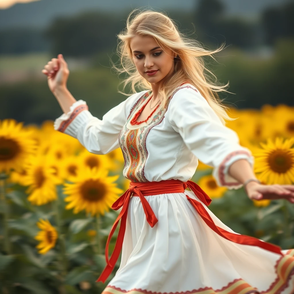 A Ukrainian woman dancing in a sunflower field, 20 years old, blonde, with light in her eyes, (Ukrainian traditional costume: 1.4), Style by Rick Remender, Motion blur, Movement, Full body, Award-winning work. - Image