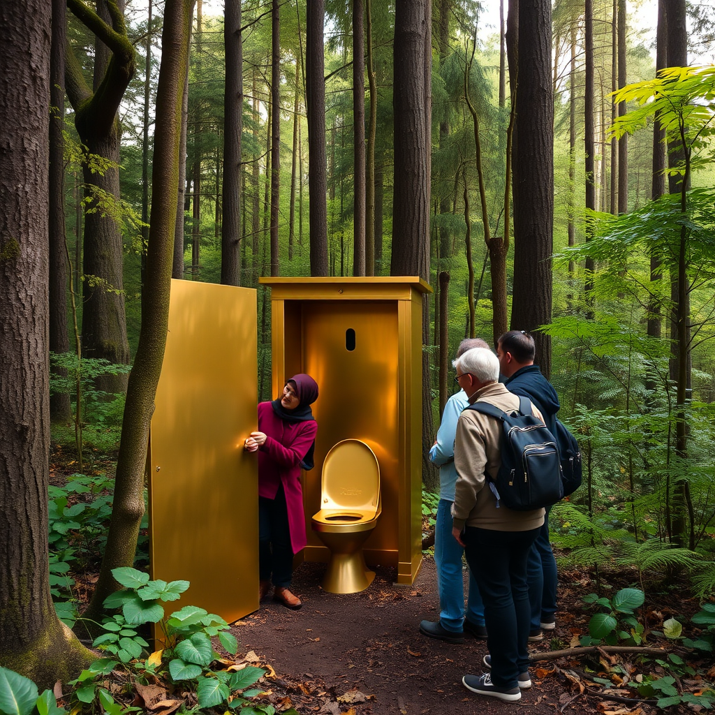 In the forest, there is a gold toilet, and someone is using it while others are waiting in line.