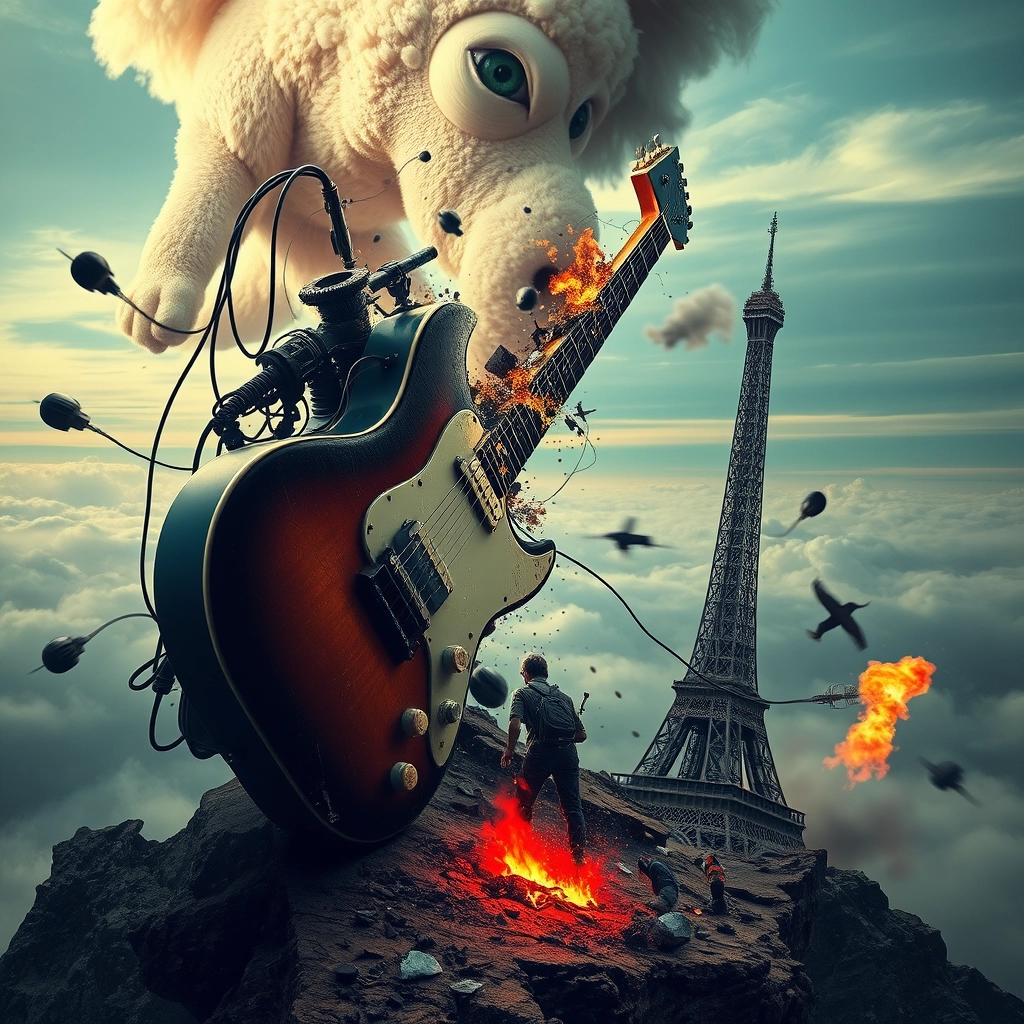 Monumental guitar breaking and falling into pieces and debris over the earth, perspective pop rock fluorescent collage with sci-fi steampunk machinery, extra dust particle cloud, octane render and paper art ink art, Melies, Jules Verne, big-eyed creature from hell, burning mountain, sad human climbing the sky, giant Spitz Pomeranian, wires and cables, Eiffel Tower collapsing like a Mikado.