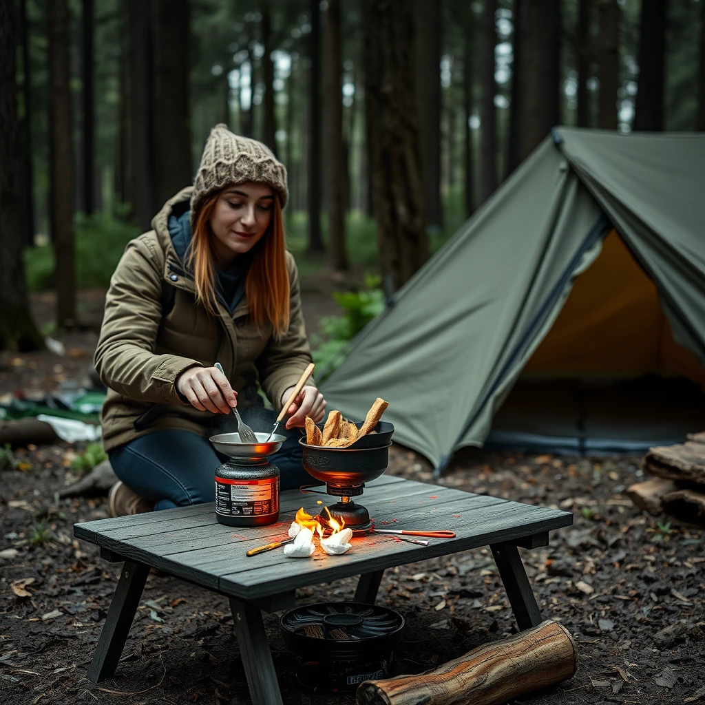 "Camping site in the forest background, a Caucasian male-female couple cooking ramen on a portable butane stove on a makeshift table, photorealistic, photo effects, high resolution, high quality."