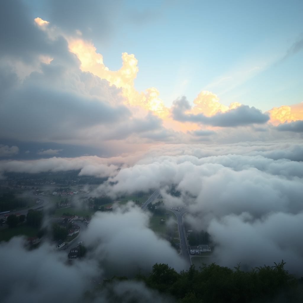 Peaceful rain storm in a heavenly town and countryside in the sky surrounded by pillowy soft clouds, with ambient golden light and everything has subtle clouds integrated into its structure.