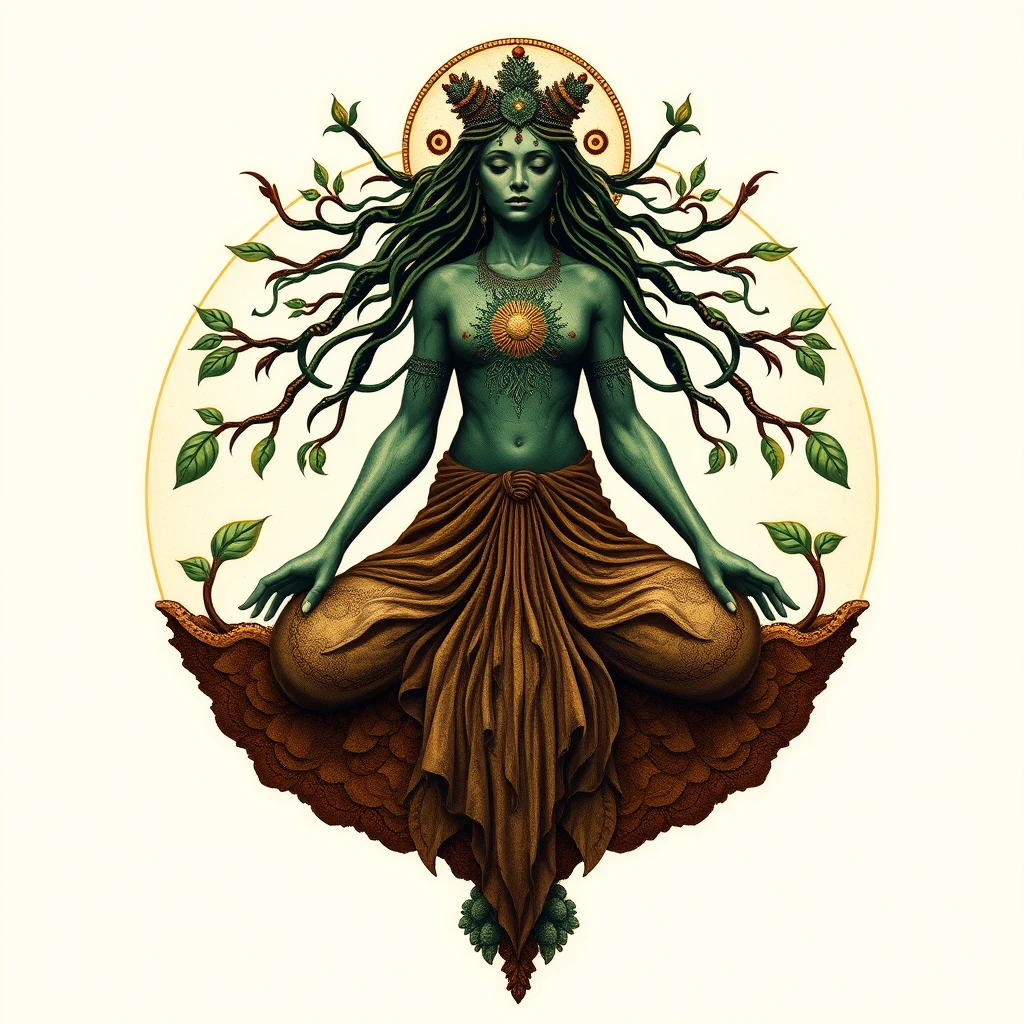 In ancient and enigmatic tales, the Earth Mother is depicted as an embodiment of endless compassion and strength. Her form appears inseparable from the vast expanse of the earth itself, encompassing all that exists within it. Her skin resembles fertile soil, exuding vitality and nurturing countless seeds and aspirations.