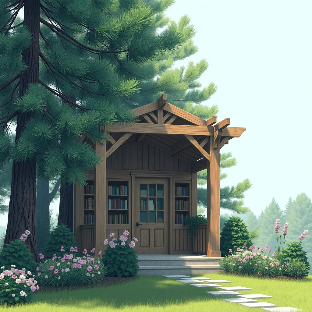 "Create an image of a small pergola library nestled under a pine forest, harmonizing with flowering plants."