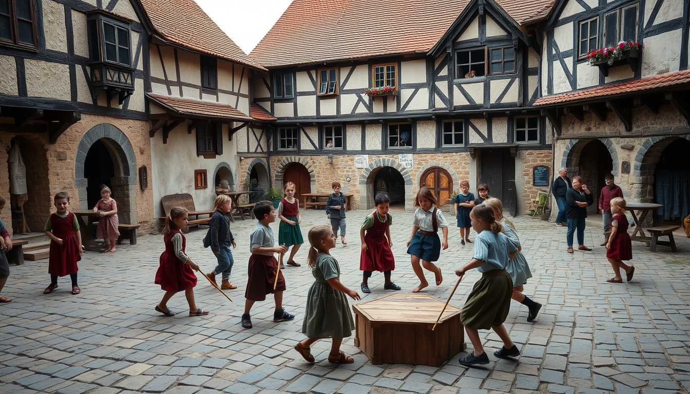 Medieval children frolic in the central square of the village, playing various traditional games.