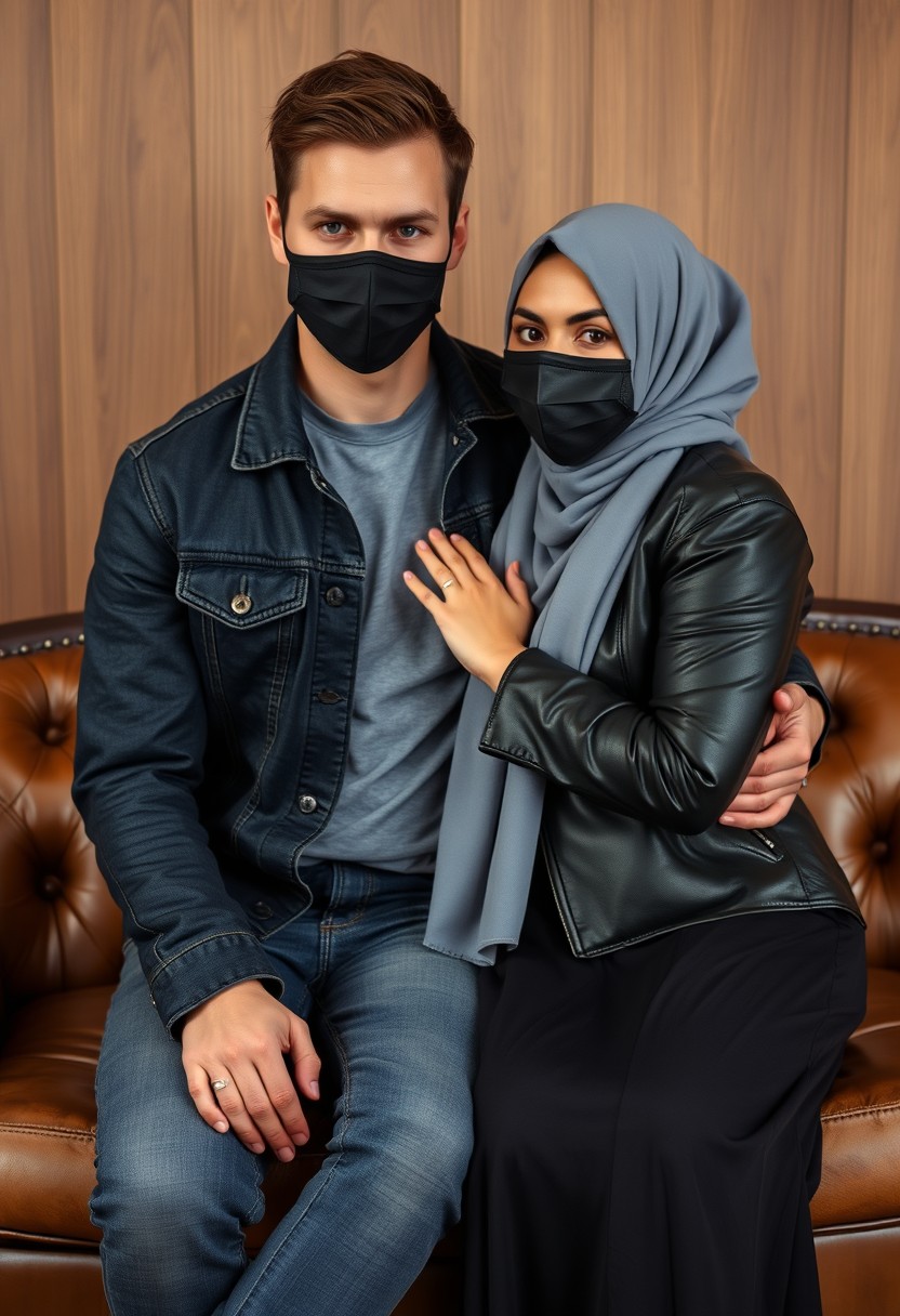 Jamie Dornan's head and body shot, handsome, face mask black, jeans jacket, jeans, dating, love couple, with the biggest grey hijab Muslim girl, beautiful eyes, face mask black, black leather jacket, biggest skirt, hyper realistic, studio photography, sitting on a leather classic sofa, wooden wall. - Image