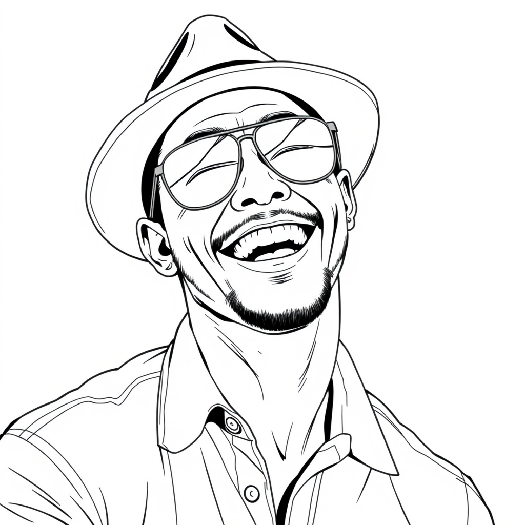 A cool black-and-white line drawing of a 35-year-old man, wearing a sun hat, Asian descent, with aviator sunglasses, a bit of facial hair, a tough guy look, wearing a shirt, with a full and defined face, a strong physique, clean and fresh skin, happily laughing heartily after winning.