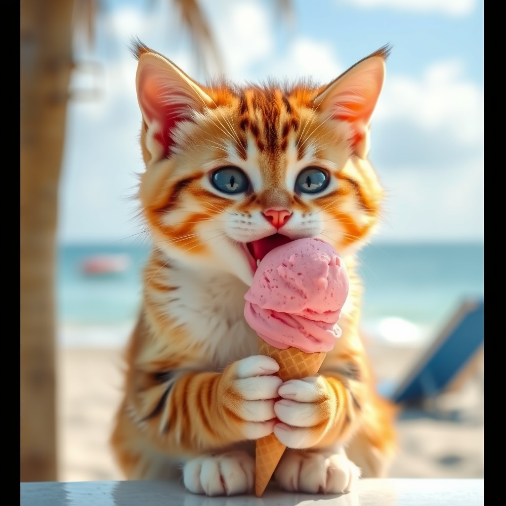 A cute cat eating pink ice cream by the beach. - Image