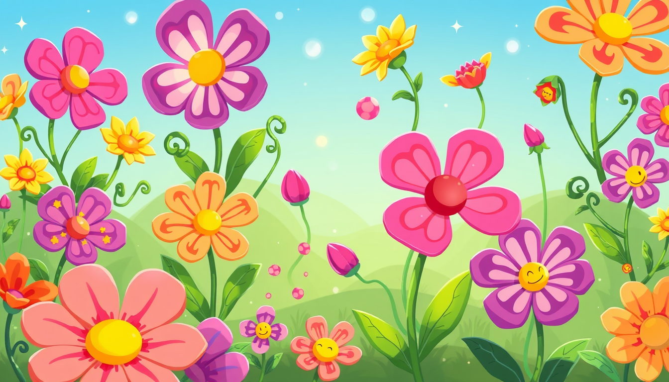 A collection of vibrant, cartoon-style flowers designed for a game environment. Each flower is unique, with exaggerated, playful shapes and bright, cheerful colors like deep purples, vibrant pinks, and sunny yellows. The flowers have large, expressive petals with intricate patterns, such as swirls, dots, or stripes. Some flowers have a slight glow or sparkle, hinting at their magical nature.

Each flower is slightly animated, with petals that gently sway as if blown by a soft breeze. Some flowers have whimsical details, such as tiny, glowing orbs hovering around them, or small, smiling faces subtly hidden in their centers. Others might have vines that curl and twine around them, or leaves that shimmer with dew drops. The flowers grow in clusters, creating lively, colorful patches across the landscape, adding a touch of enchantment and whimsy to the game world.

These flowers aren't just decorative; they could serve as interactive elements in the game. For example, some might release a puff of glittering pollen when approached, or change color when touched, adding a layer of interactivity and fun to the environment. - Image