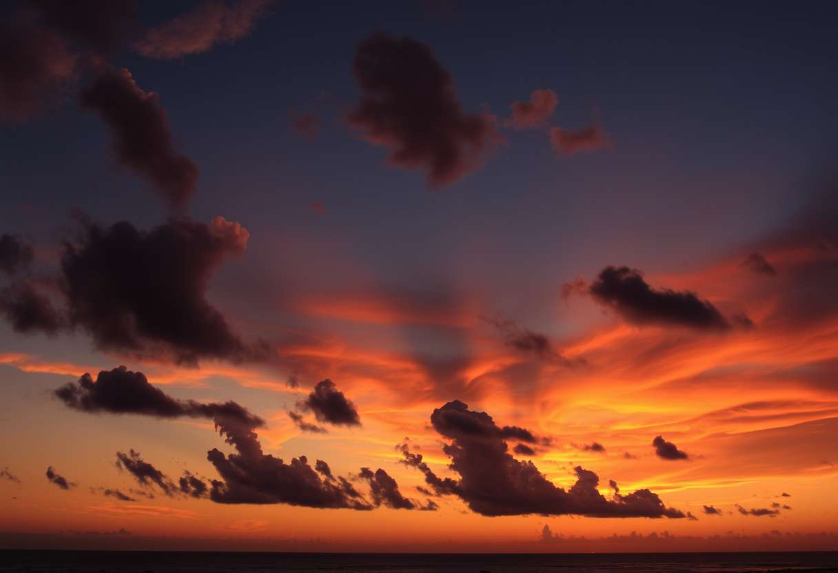 Dramatic, fiery sunset, clouds, silhouettes, high quality, photorealistic, evening sky, reflection, serene, seashells.