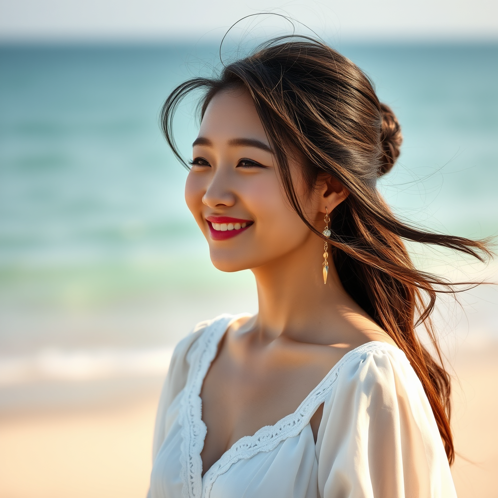 The Chinese woman, dressed in a white dress, stood on the beach and greeted the sea breeze with a smile, glowing radioactivity, wide light, colorism, 16k, HDR. - Image