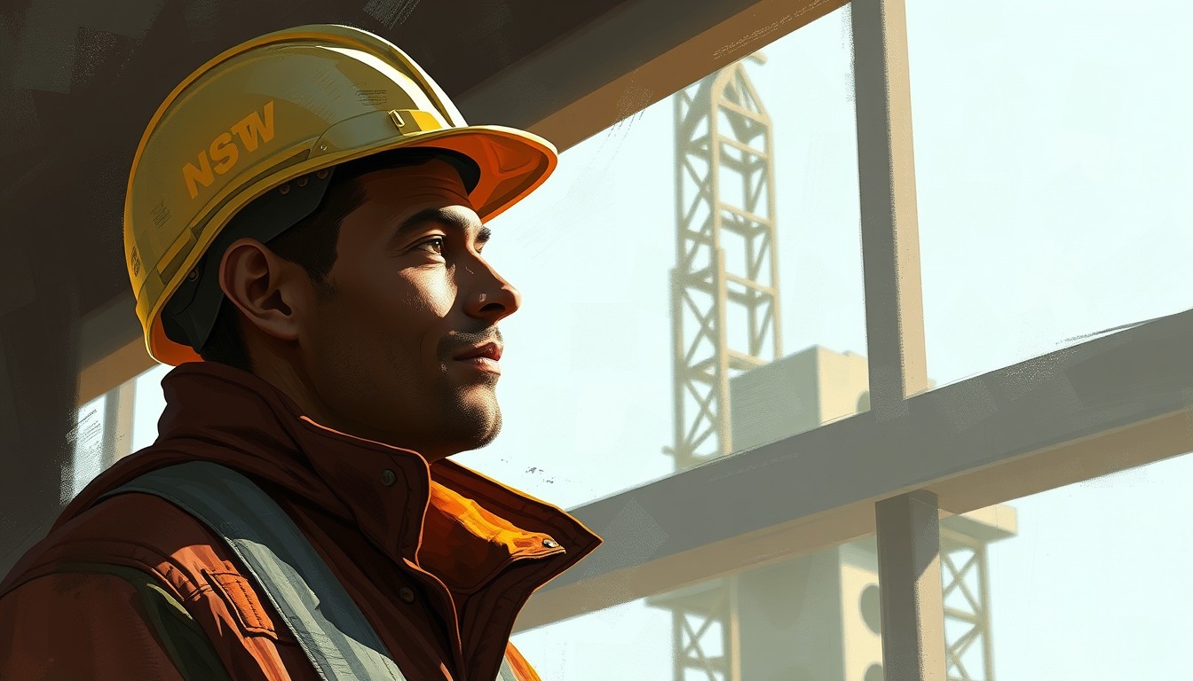 Digital illustration of a man in a construction, add subtle depth, dodge burn effect, ambient occlusion, brushstrokes, acrylic shaded. - Image