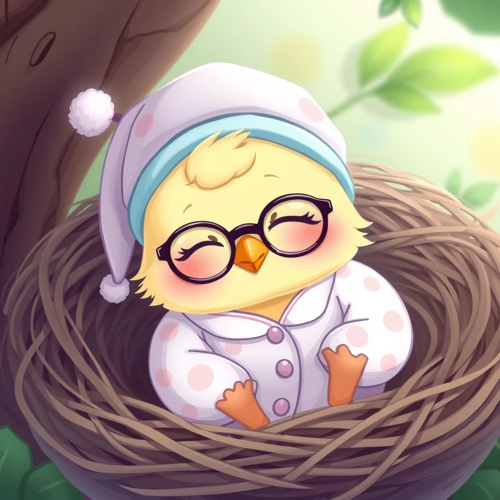 "Sweet little tender birdie with glasses and a cap, wearing a beautiful pajama and a sleep hat, happily sleeping in her kawaii nest." - Image