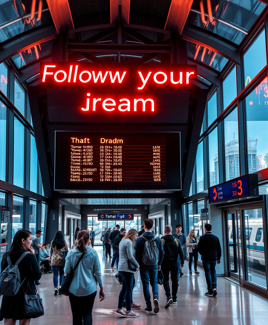 The futuristic interior of the railway station, made of metal and glass, beautifully illuminated by bright neon lights. The walls are made of glass, which offers stunning views of the city landscape. The train timetable board says "Follow your dream" in large neon letters, emphasizing the theme of ambition and adventure. Several passengers are in the lobby, some of them do not take their eyes off the scoreboard, while others are talking or looking out the windows. The design of the station is concise and modern, with clear lines and a sense of sophistication. - Image