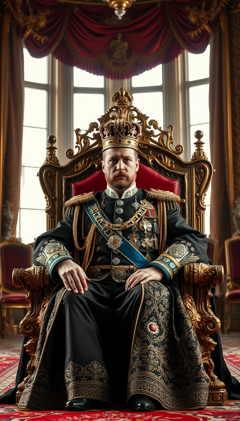 Main Character: Tsar Nicholas II of Russia, seated upon his opulent throne. He is dressed in full royal regalia, including elaborate robes adorned with jewels and embroidery, and a crown rests upon his head. His expression is stoic and regal, his posture upright and commanding, reflecting his authority and power.
Background: The grand throne room of a Russian palace, richly decorated with ornate furnishings, tapestries, and gilded details. The throne itself is a masterpiece of craftsmanship, intricately carved and adorned with precious gems. Large windows allow natural light to flood the room, illuminating the scene and highlighting the richness of the surroundings.
Visual Style: The visual style should mimic professional, cinematic photography, with a focus on sharp detail, realistic textures, and a deep, rich color palette. The image should evoke a sense of historical grandeur and convey the immense power and opulence of the Russian monarchy. Think of the rich, detailed style of classical paintings. The overall tone should be regal and imposing, with a focus on the Tsar as the central figure of power and authority.