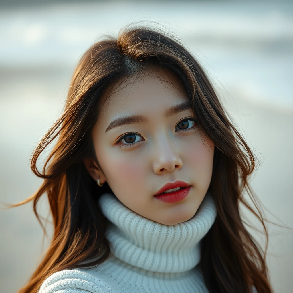 Beautiful Korean girl, clean, 20 years old, she is looking forward, full shot, drone shot, beach, mysterious, beautiful, Korean, KPOP, mysterious, high definition, cool, atmosphere, bright, daytime.