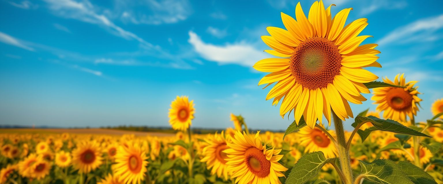 Vibrant, sunflower fields, golden blooms, high quality, photorealistic, summer, cheerful, idyllic, rural, panoramic, breathtaking, blue skies, windblown fields, sunset, floral arrangements.