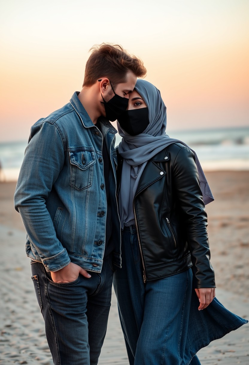 Jamie Dornan's head and body shot, handsome, black face mask, denim jacket, jeans, dating, love couple, with the biggest grey hijab Muslim girl, black face mask, beautiful eyes, black leather jacket, largest skirt, walking happily at the beach, sunset, hyper-realistic, street photography. - Image