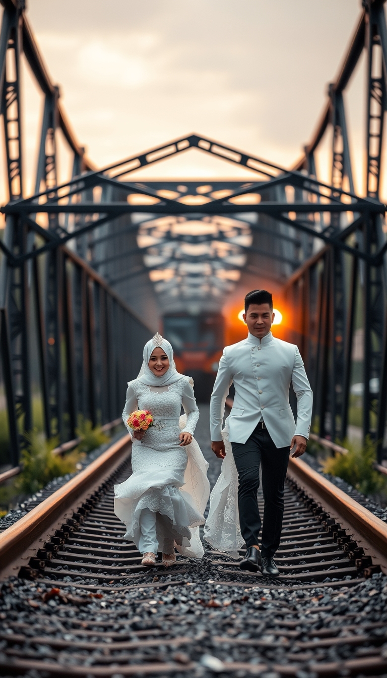 A captivating and surreal photograph of a couple adorned in traditional Malay white wedding attire. The bride dons a stunning "pengantin" outfit, while the groom stands tall and confident. They are seen racing towards a mysterious and ominous black metal bridge. The bridge symbolizes their passage into a new chapter of their lives together. The dramatic scene is further intensified by a bokeh background and the TRAIN IS COMING. This image masterfully blends love, adventure, and suspense, creating a unique fusion of emotions. TRAIN ON BACKGROUND, GOLDEN HOUR.