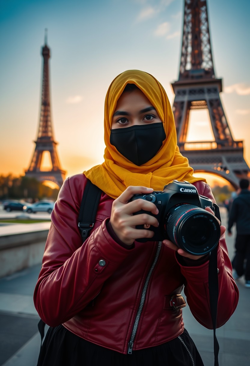 Biggest hijab yellow Muslim girl, beautiful eyes, face mask black, red leather jacket, black biggest skirt, holding DSLR camera CANON, sunrise, morning scenery, Eiffel Tower, hyper realistic, street photography. - Image