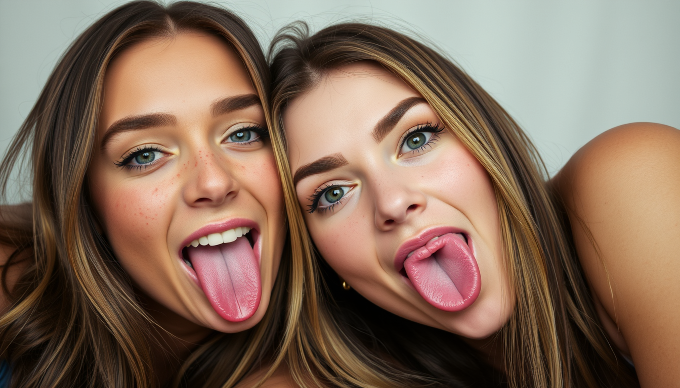 Two pretty women sticking their tongues out playfully, kneeling, close up, freckled faces.