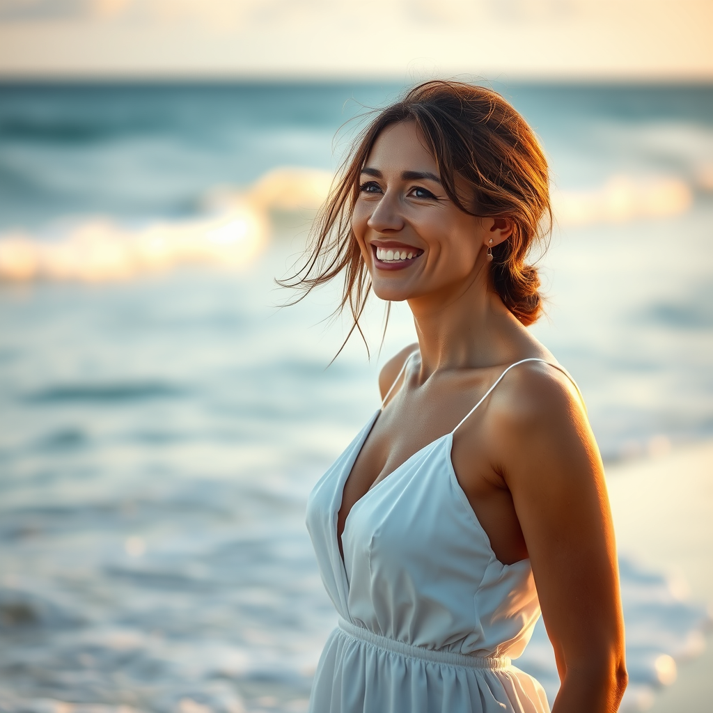 The woman, dressed in a white dress, stood on the beach and greeted the sea breeze with a smile, glowing radioactivity, wide light, colorism, 16k, HDR.