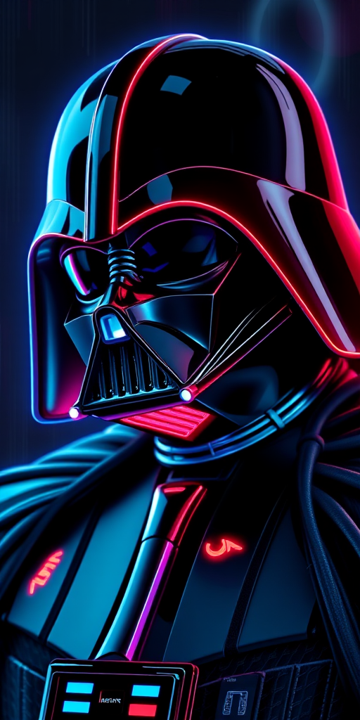 Cyberpunk Darth Vader, neon glow, ultra detailed