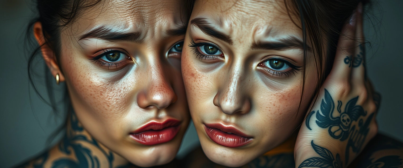 Close-up shot of two fair-skinned beautiful Indian-Korean women with beautiful facial features and gray hypnotizing eyes, both having their entire bodies heavily tattooed and crying. - Image