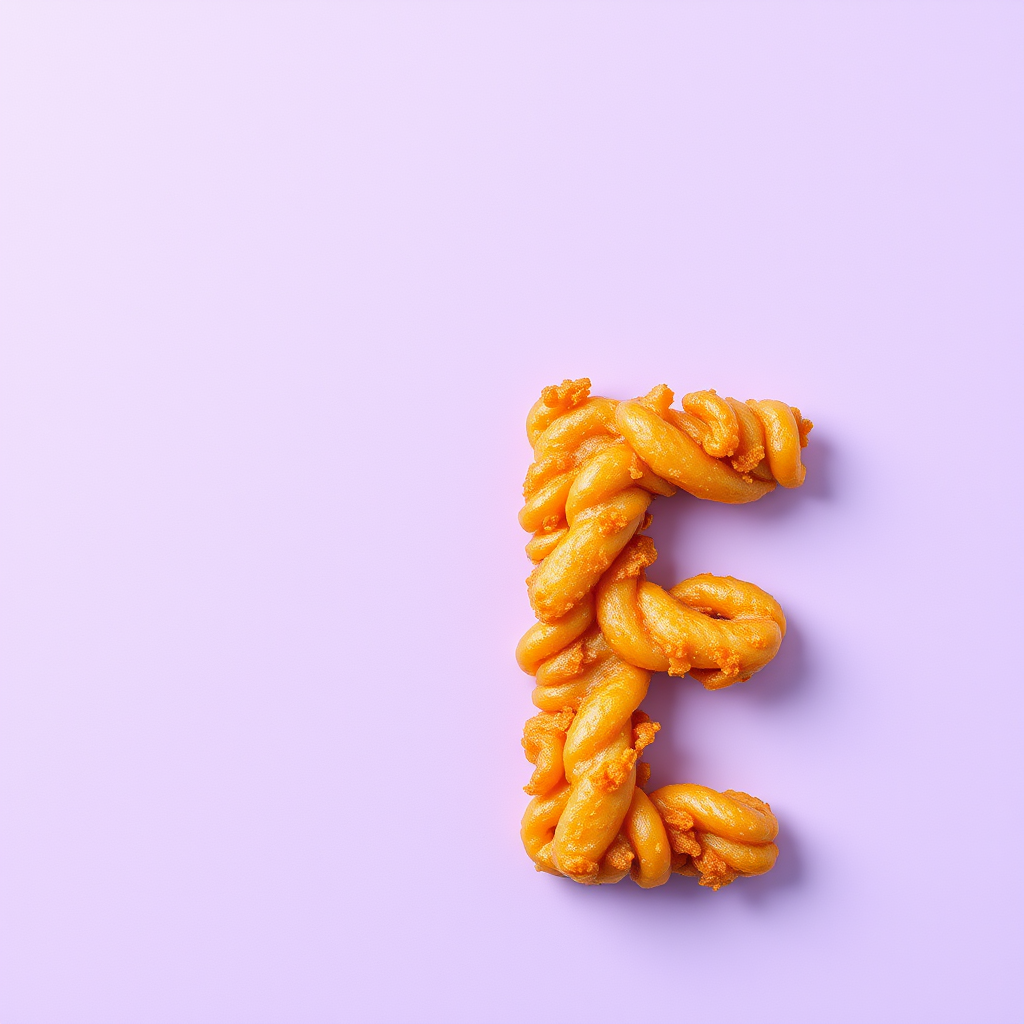 A letter "F" made of fried food on a light purple background, realistic photograph.