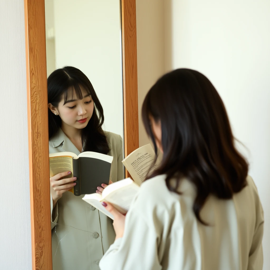 A Japanese woman is reading a book and looking in the mirror; it is a full-length mirror with cracks.