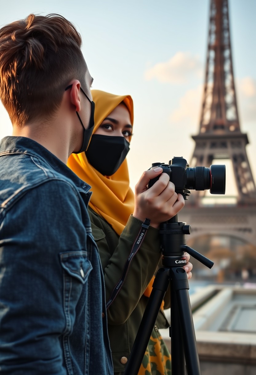 Jamie Dornan's head and body shot, handsome, wearing a black face mask, blue jeans jacket, dating the biggest hijab-wearing yellow Muslim girl, beautiful eyes, black face mask, green army leather jacket pattern, biggest skirt, using a Canon DSLR camera on a tripod, taking photos of the Eiffel Tower at sunrise, morning scenery, hyper-realistic, street photography. - Image