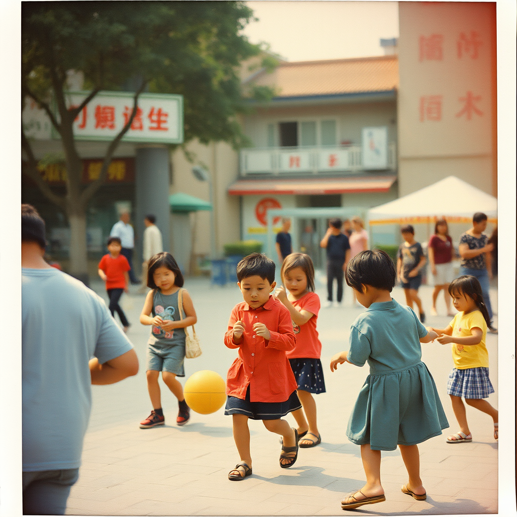 Children playing games in the square in China in the 1980s. Summer. Ultra-detailed portrait. Grainy film with light leaks. Polaroid photo with slightly peeling edges.