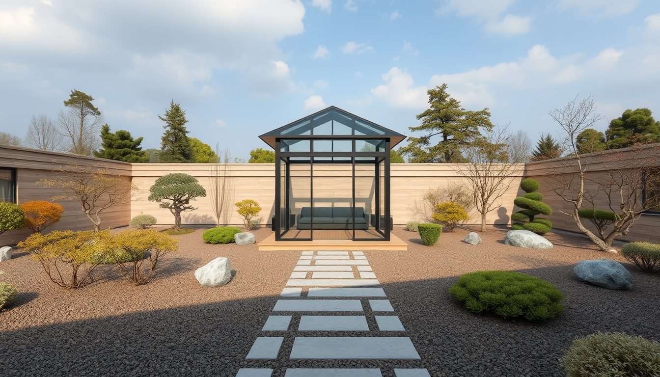 A tranquil zen garden with a glass meditation pavilion at its center.