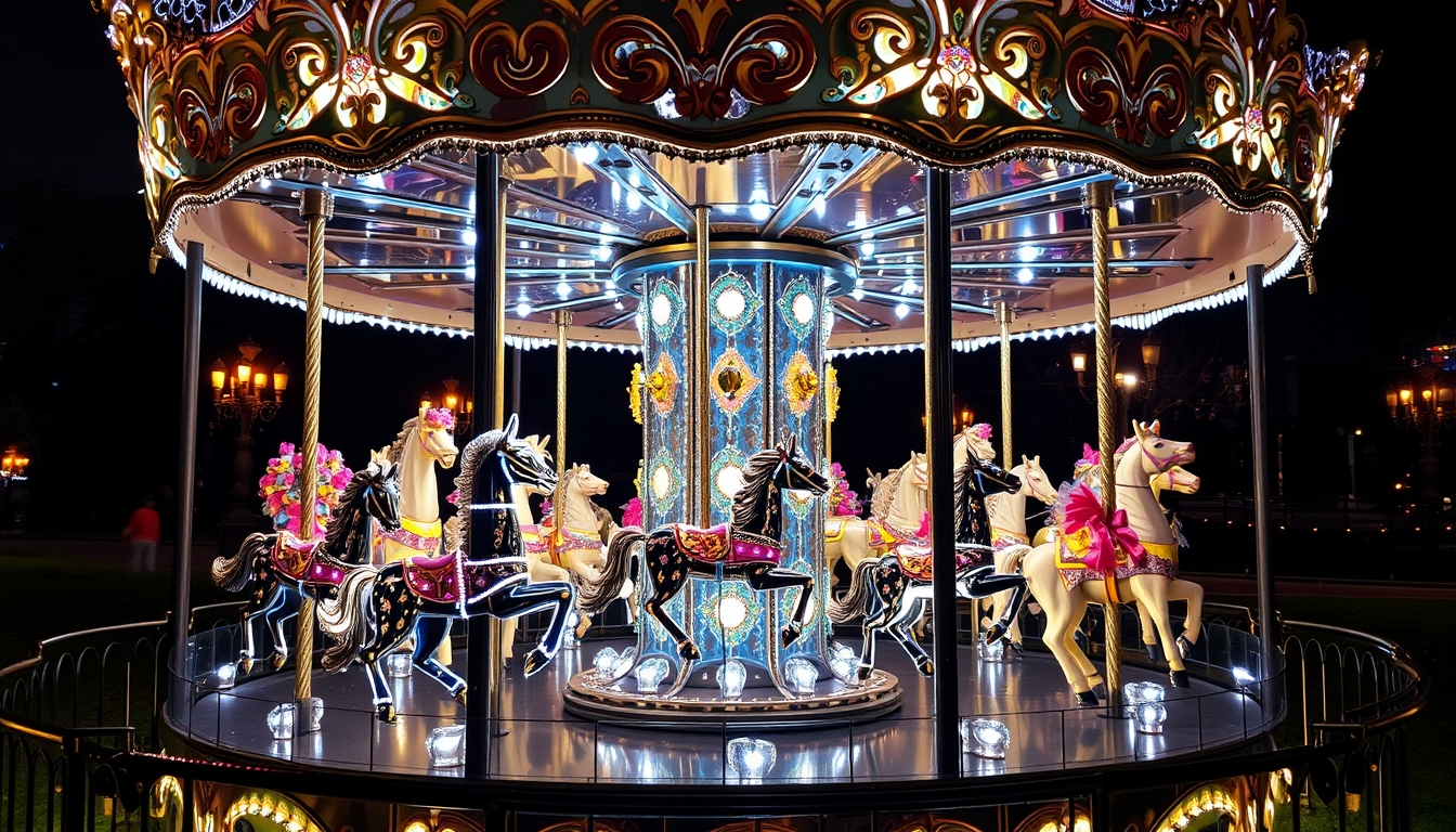 A whimsical glass carousel with beautifully detailed animals, lit up at night.