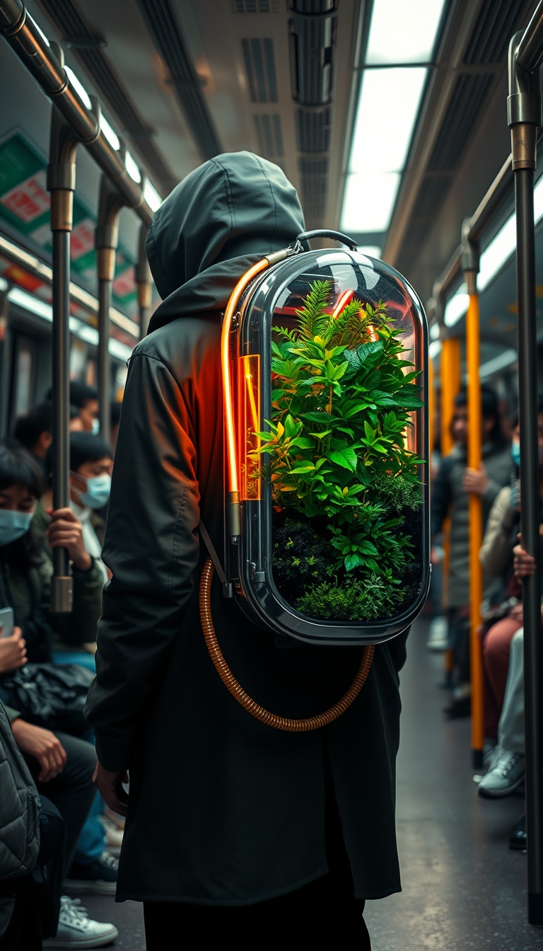 A humanoid unknown wears a long jacket in a crowded subway train, carrying a transparent, cylindrical backpack terrarium filled with neon lush greenery and small plants. The terrarium features metallic accents and a neon hose connected to it, giving it a futuristic look. The subway is filled with human passengers, many of whom are wearing masks and holding onto the handrails. The setting is busy and urban, highlighting a contrast between the natural elements in the terrarium and the modern, bustling environment. --ar 3:4 --style raw --s 750 --v 6.0 golden hour. - Image