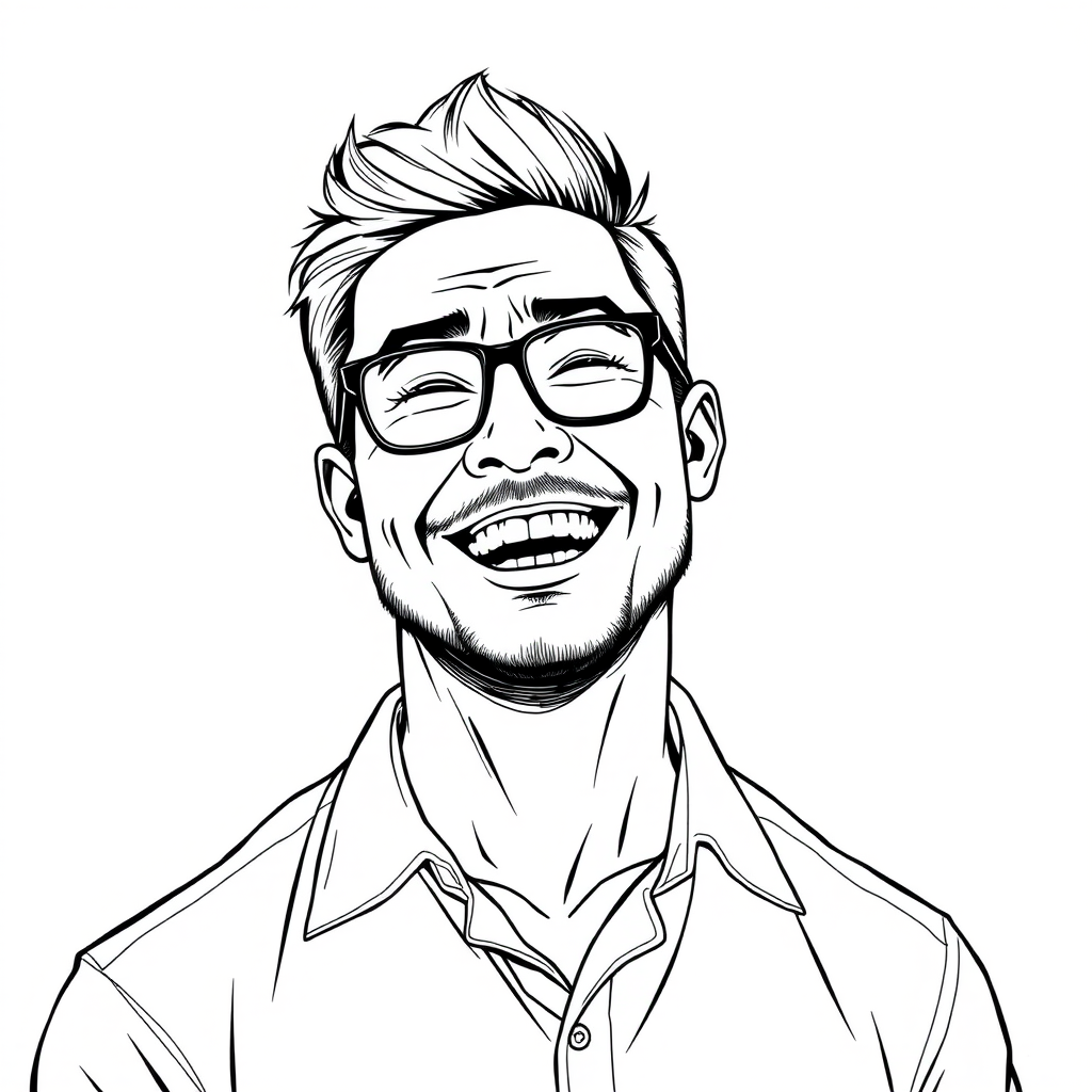 A cool black-and-white line drawing of a man around 35 years old, with short hair, Asian features, black thin-framed glasses, a bit of beard, a tough guy, wearing a shirt, with a full and well-defined face, a robust physique, clean and fresh skin, laughing heartily after winning.