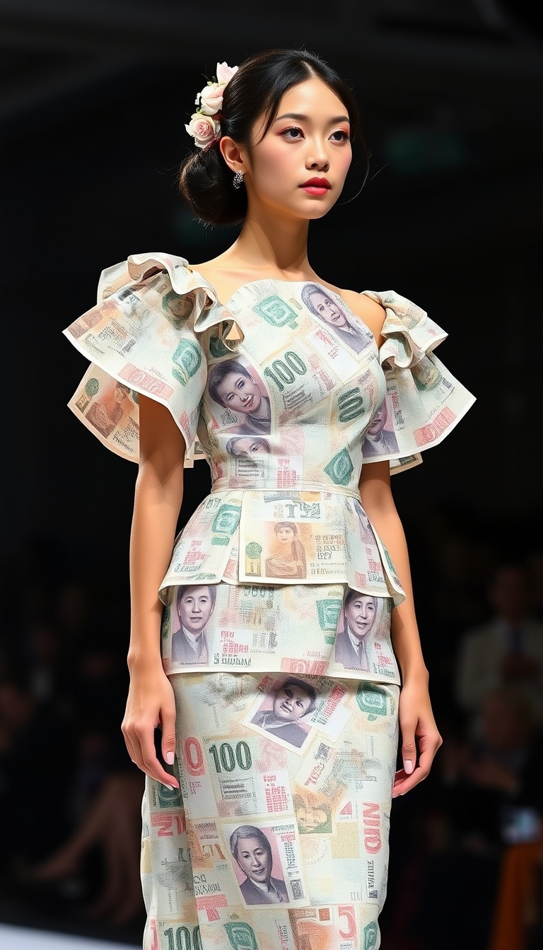 Fashion stage, a beautiful young Japanese woman wearing haute couture dress made of Japanese Yen banknotes.