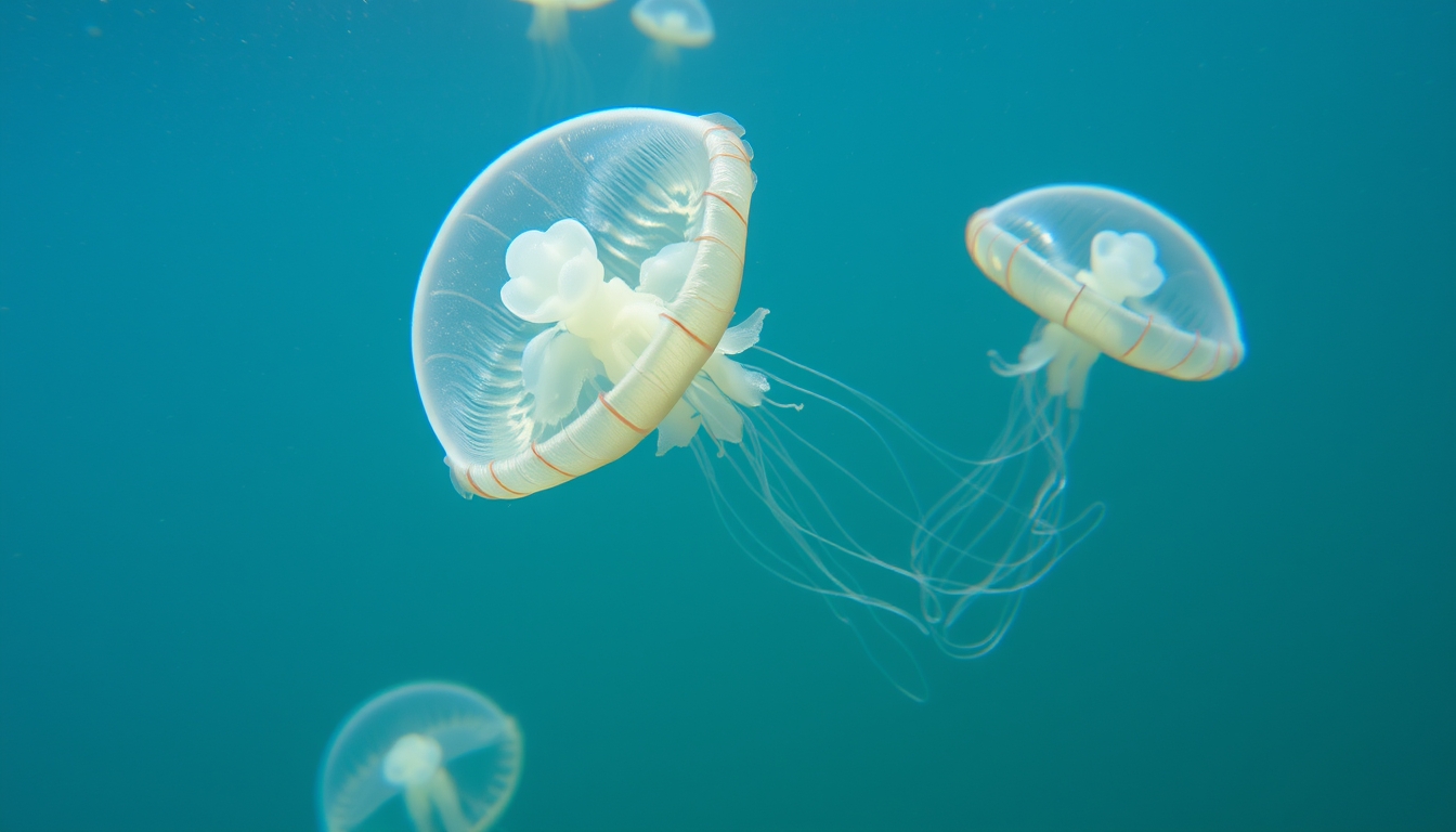 A serene underwater scene with glassy jellyfish floating gracefully. - Image