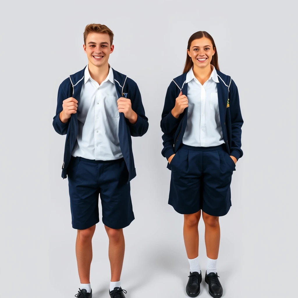 Two students are standing independently, smiling happy faces of two Australian students from St Andrews College, 15 years old, wearing a white shirt and dark blue shorts uniform, and navy over-knee shorts in a conservative style, in the school's uniform, black shoes, and white socks. The young man's sharp features and the young woman's kind gaze exude intelligence and determination, with their hands out of the jacket, they are facing the photographer. The background is plain and neutral, keeping the focus on the subjects, realistic, high-quality, full-body, and sharply detailed photography shot by a Sony A7A1 with a 16mm lens, 8k. - Image